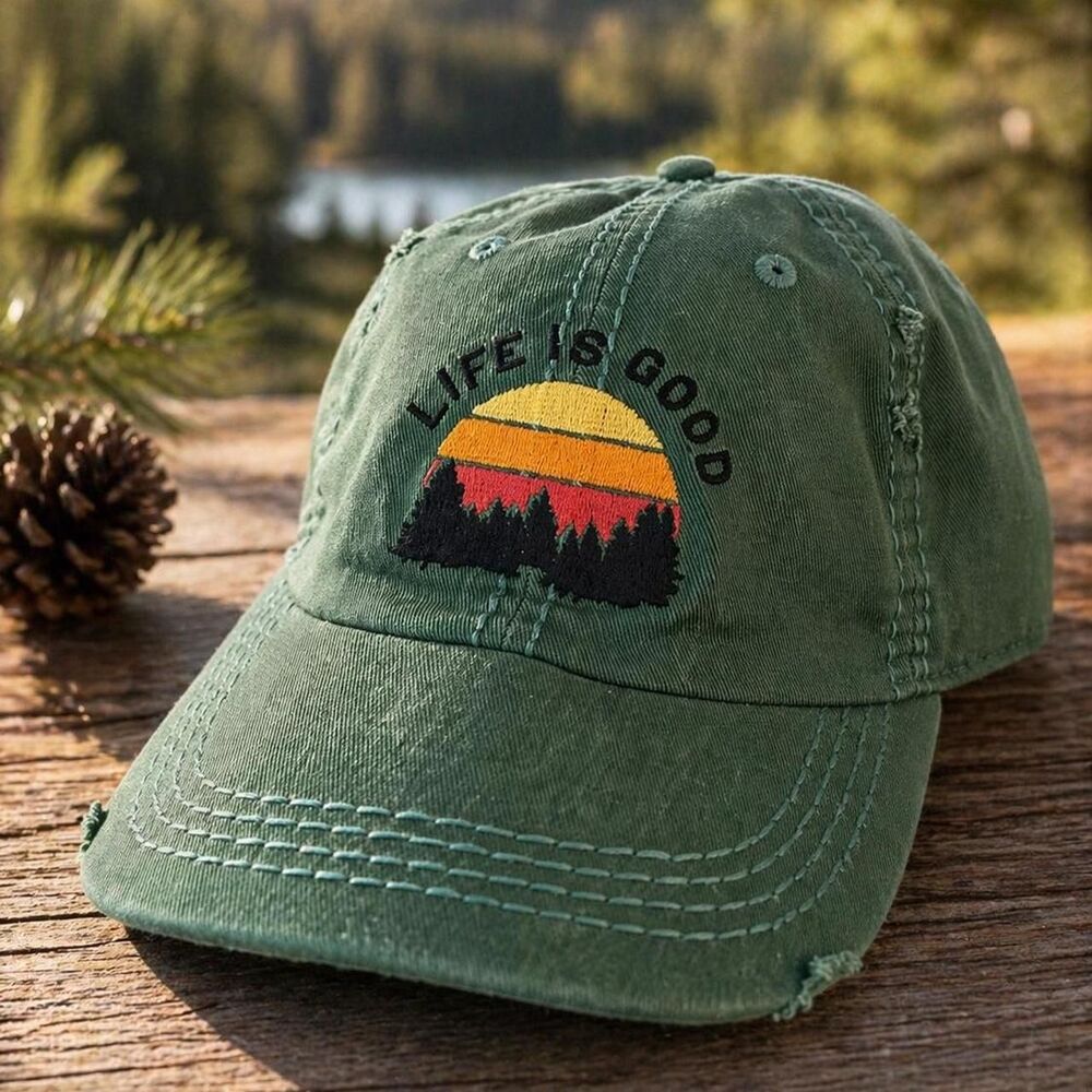 Life Is Good Green Distressed Hat Vintage Style Sunset Graphic Dad Cap